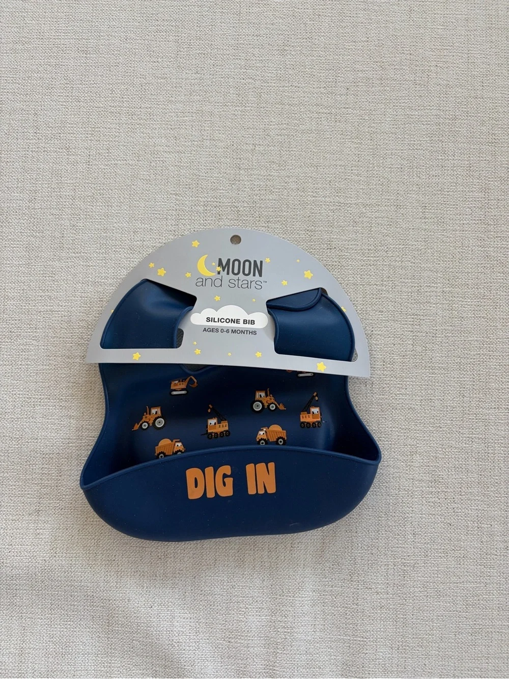 Navy Silicone Bib with 'Dig In' Construction Print